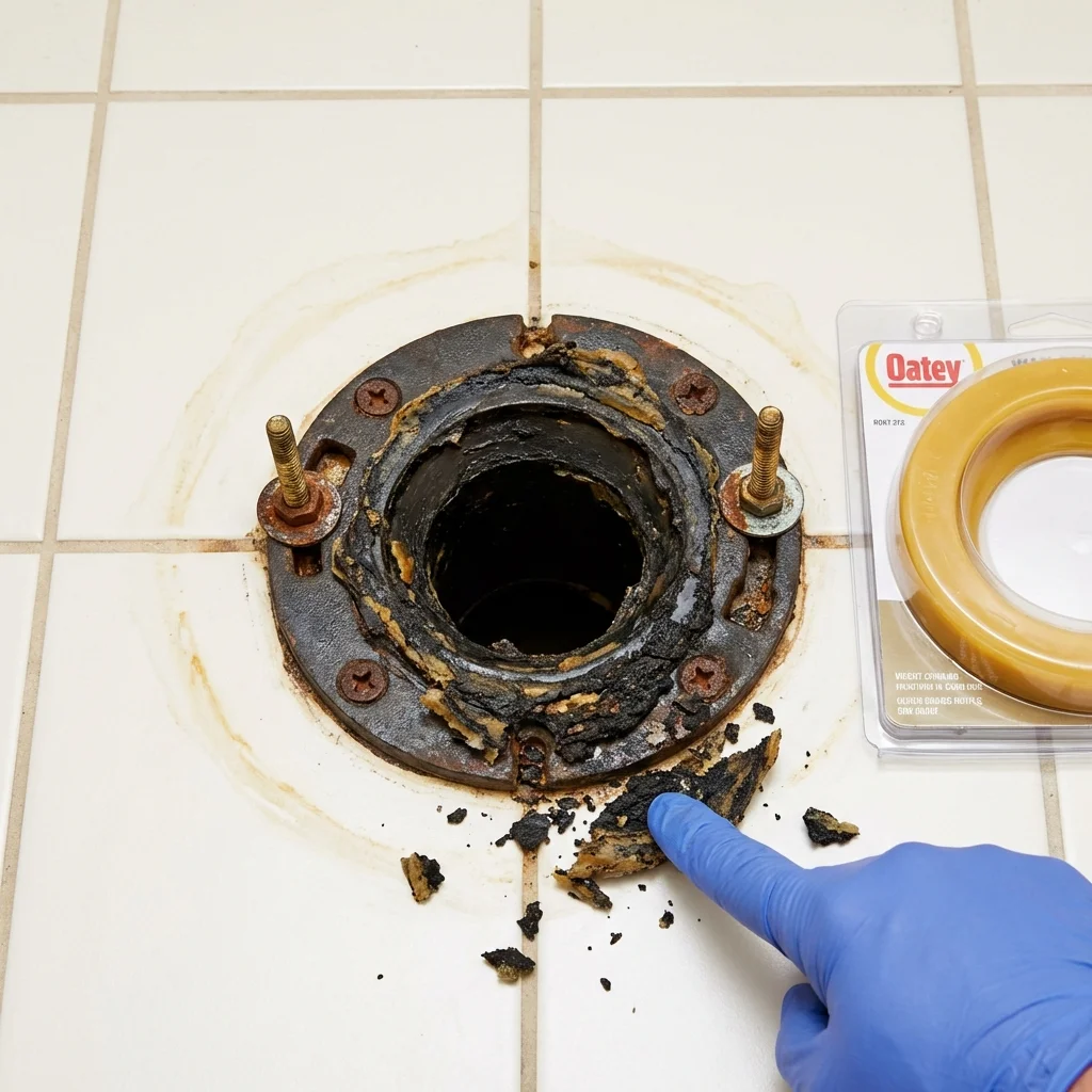 Failed wax ring showing water seepage at the base of a toilet in a Pinehurst, ID home