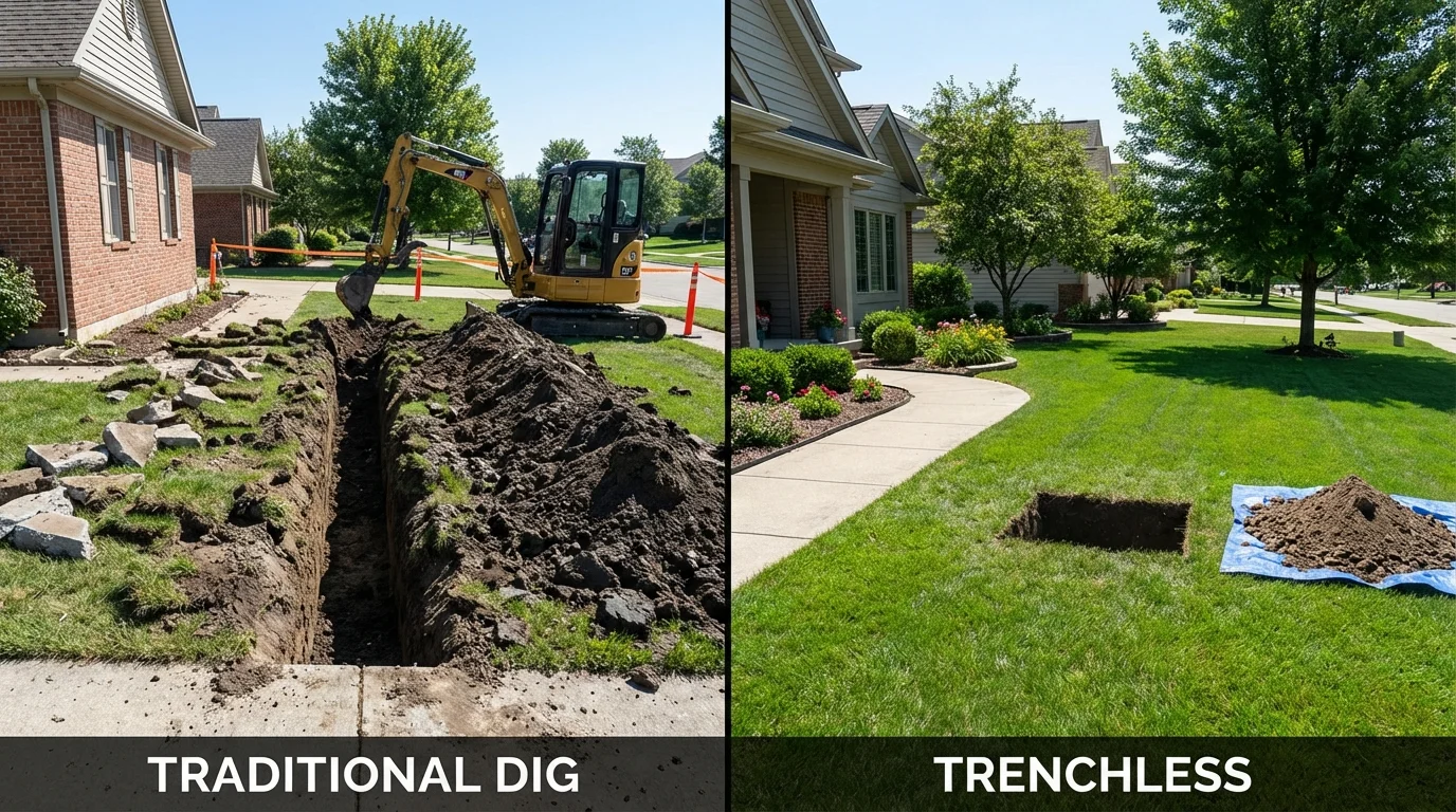 Trenchless sewer repair with minimal yard damage versus traditional excavation in Pinehurst, ID