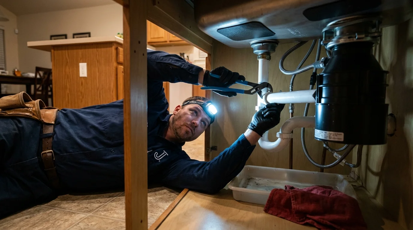 P-trap and supply line connections under a kitchen sink showing a common leak point in Pinehurst, ID